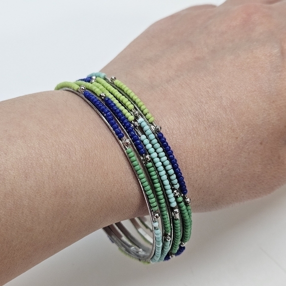 Blue & Green Beaded Boho Silver-Tone Bangle Lot Set - Picture 1 of 4